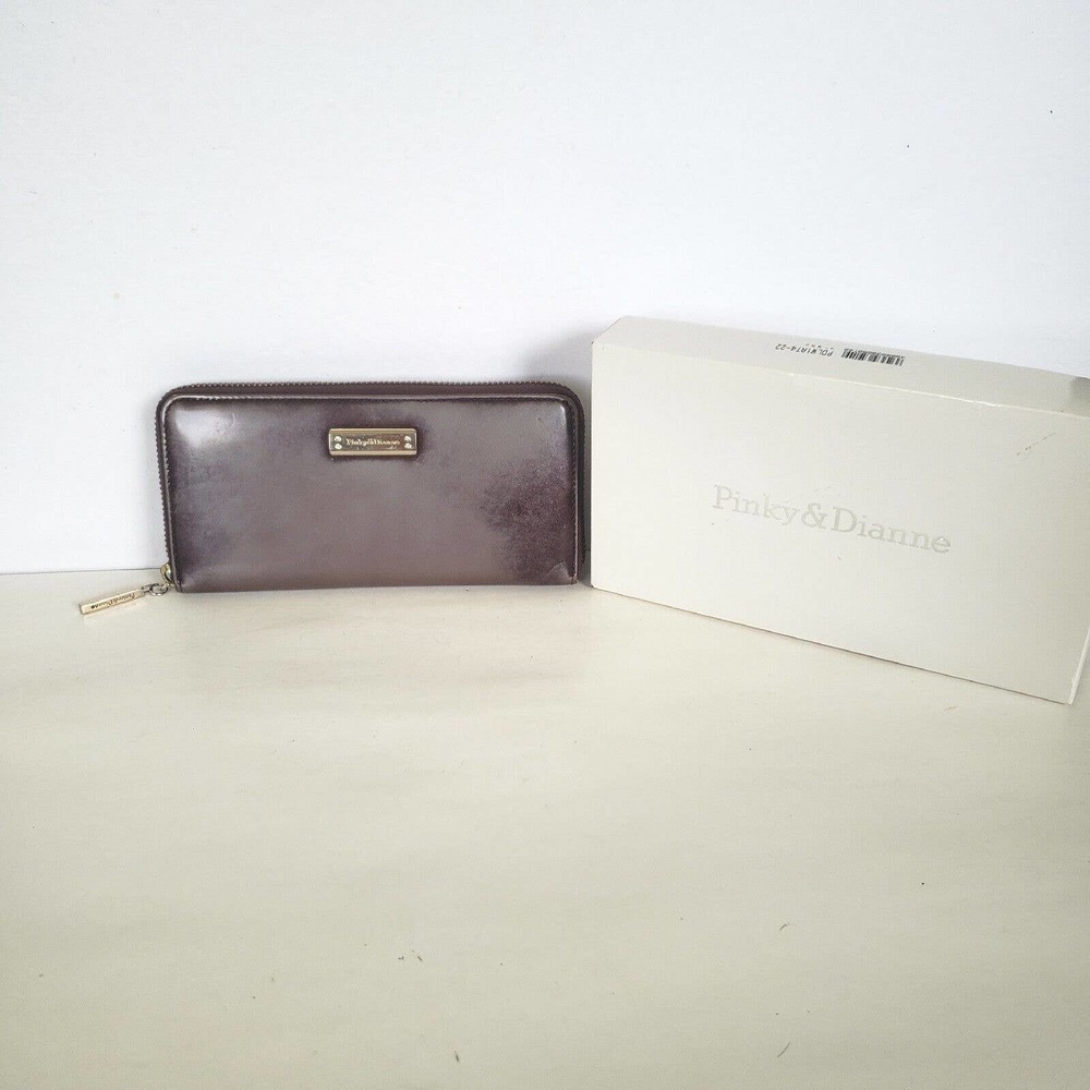Pinky & Dianne Signature Patent Leather Zip Around Large Clutch Brown Distress
